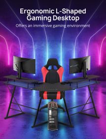 Gaming Desk, L Shaped Computer Corner Desk, 53" Ergonomic Gaming Table with Monitor Stands, PC Desk with LED Strips and Power Outlets, Carbon Fiber Su