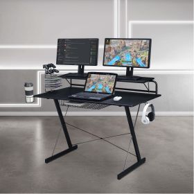 TS-200 Carbon Computer Gaming Desk with Shelving, Black