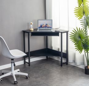 Triangle Computer Desk; Corner Desk With Smooth Keyboard Tray& Storage Shelves ; Compact Home Office; Small Desk With Sturdy Steel Frame As Workstatio (Color: BLACK)